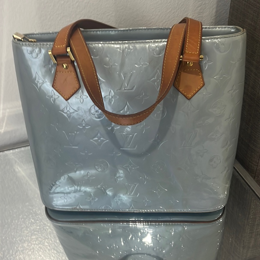 Louis Vuitton light blue Houston patent leather tote